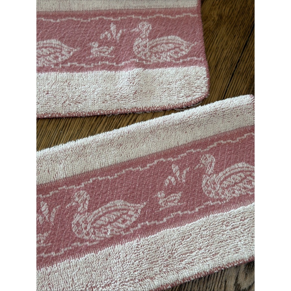 VTG Peach Ribbon Hand Towels Pink Duck Swan Washcloths Cotton 4pc Set - Picture 3 of 4
